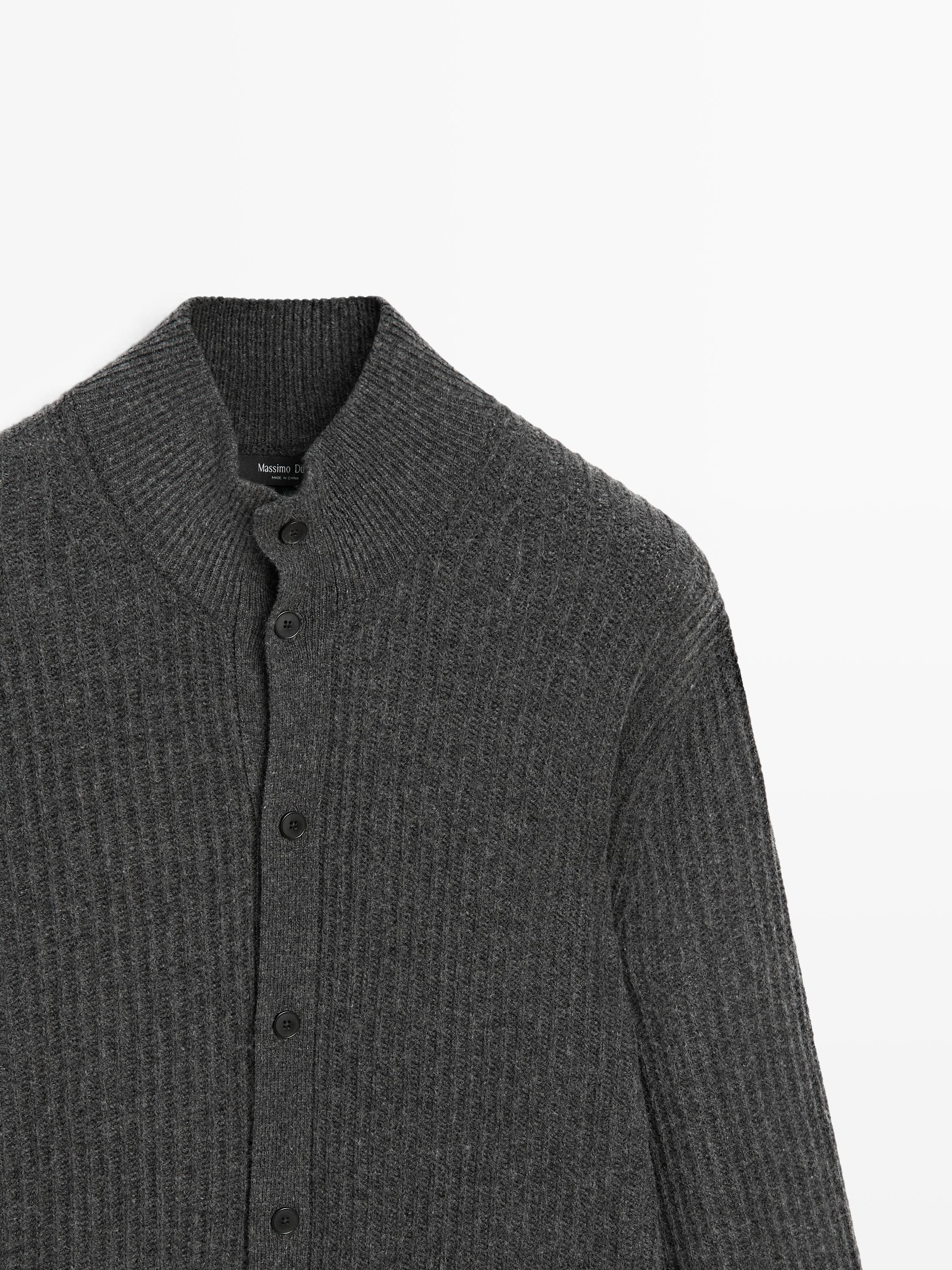 Cotton blend knit cardigan with high neck